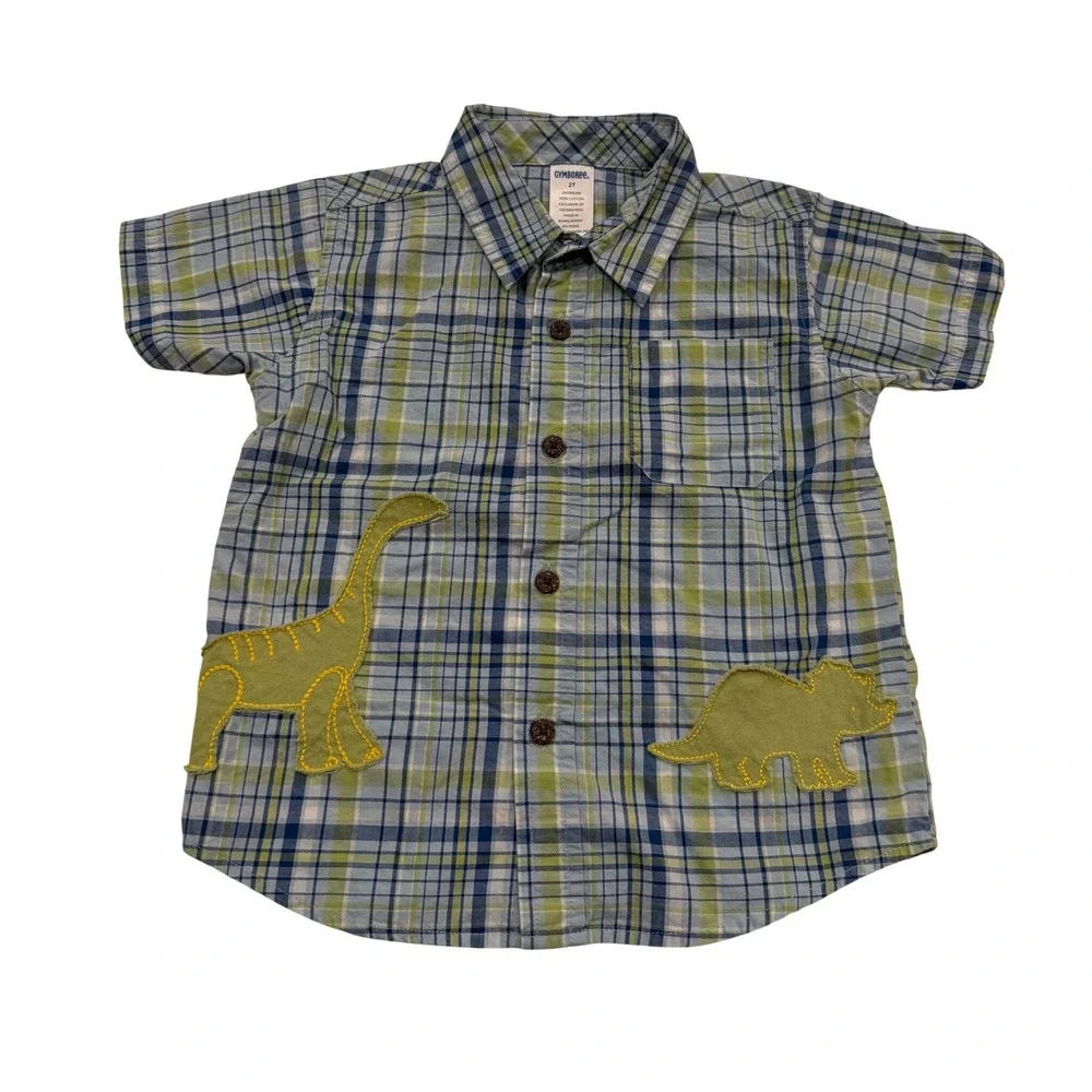 2006 Gymboree Boys Blue Green Plaid Dinosaur Applique Button Down Shirt 2T VTG